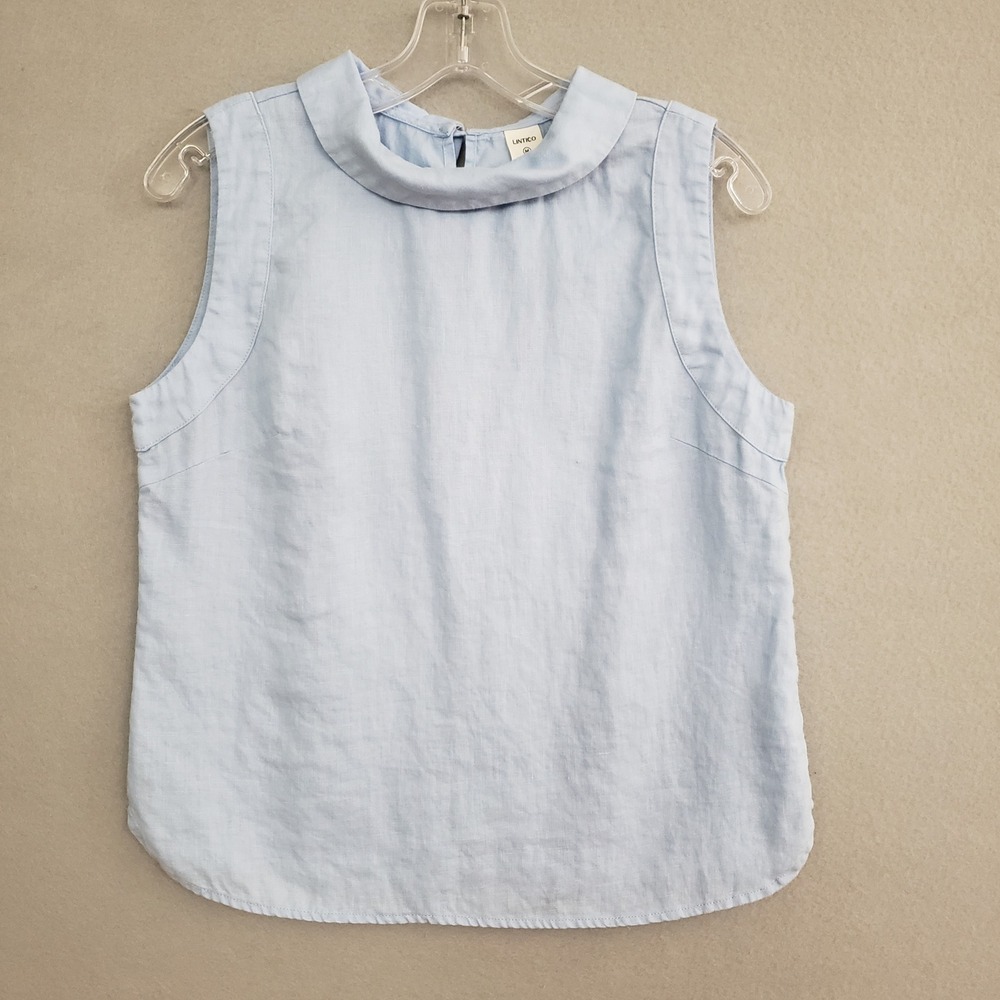 LINTICO M Sleeveless 100% Linen Top Light Blue Peter Pan Collar Lagenlook Preppy